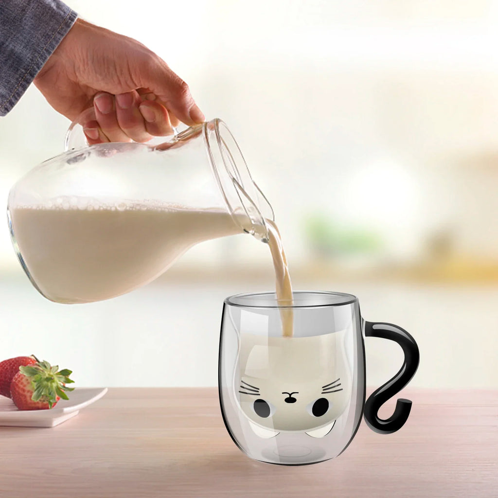 Cute Cat Double-Wall Glass Mug with Handle | 250–300ml Glass Coffee Mug Nixie