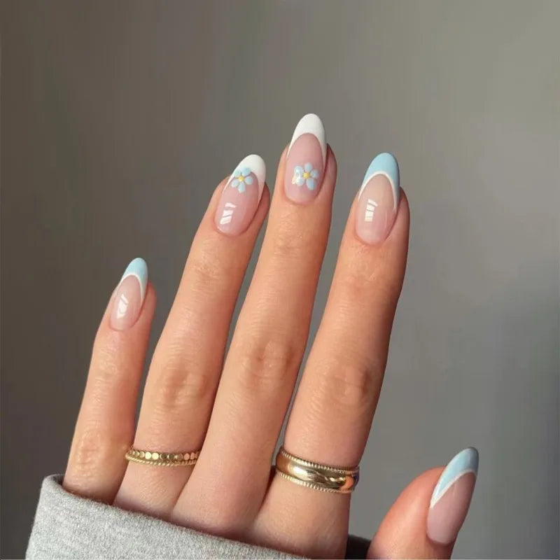 Handmade Nude Blue Floral False Nails L Size – 24Pcs False Nail Tips Nixie