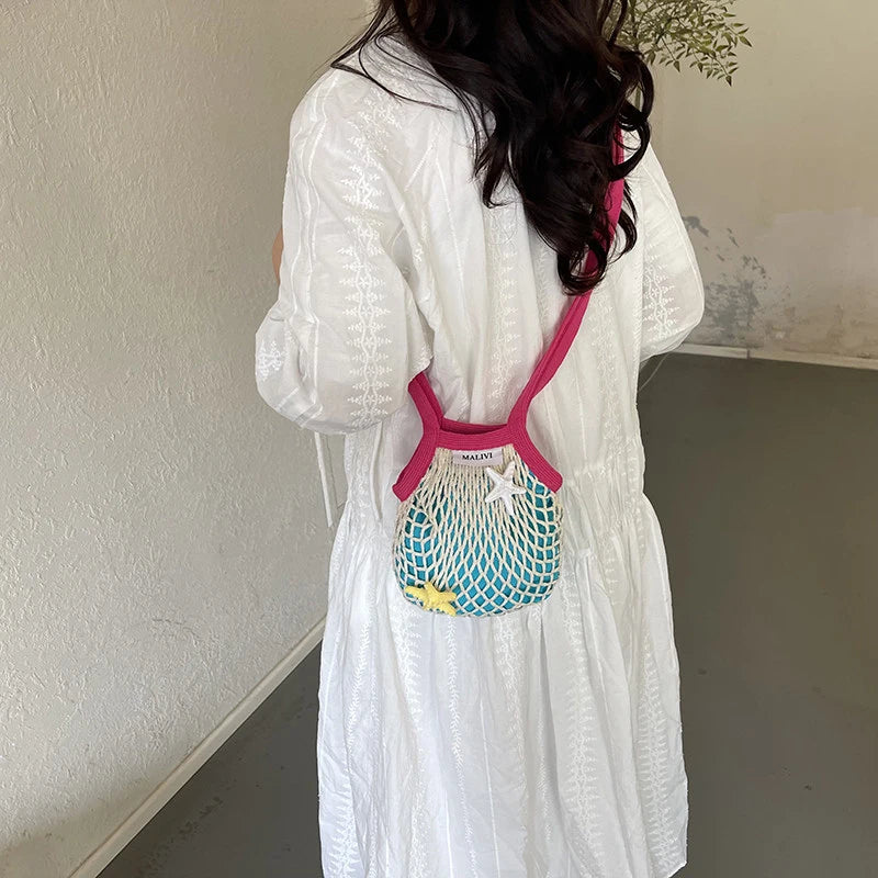Women's Hollow Woven Mesh Bucket Bag – Large Crossbody Woven Mesh Handbag Nixie