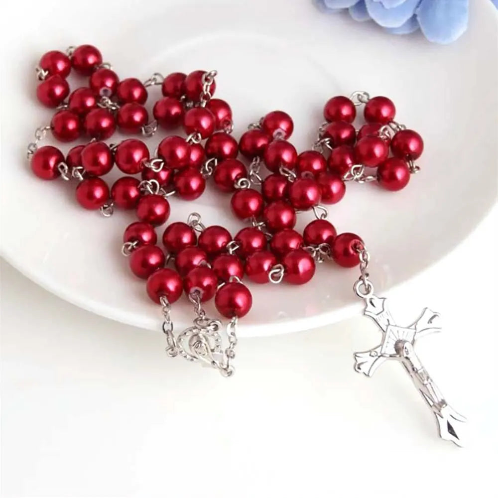 Handmade Vintage Pearl Rosary Necklace with Cross Pendant Beaded Pendant Necklace Nixie