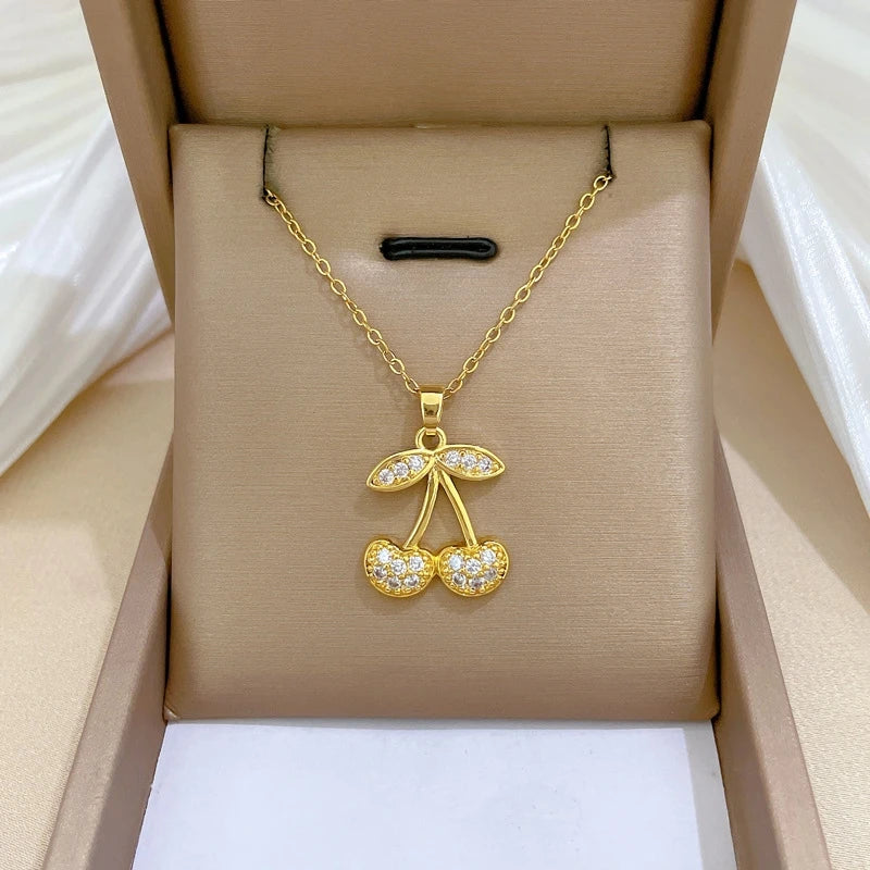 Cherry Pendant Necklace Gold Stainless Steel Women's Jewelry Pendant Necklace Nixie