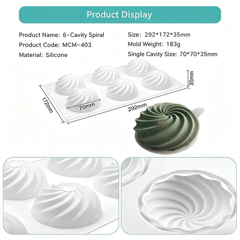 6-Cavity Spiral Silicone Mold for Cake, Mousse & Soap Silicone Baking Mold Nixie 1PC