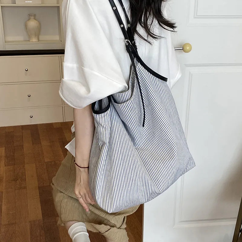 Color-Block Striped Canvas Tote Bag – Large Shoulder Bag