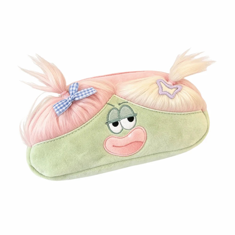 Cute Ugly Plush Pencil Case with Ponytail Hair | Funny Pouch Plush Pencil Case Nixie Green