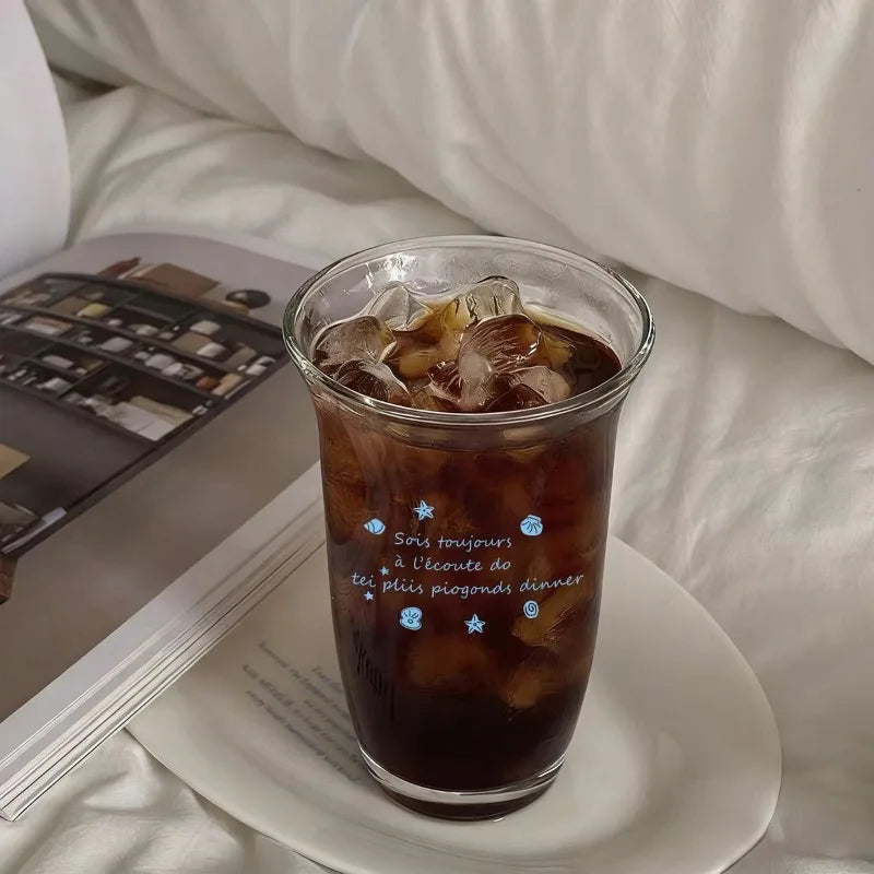 Retro Ocean Print Glass Cup for Cold Brew & Iced Drinks