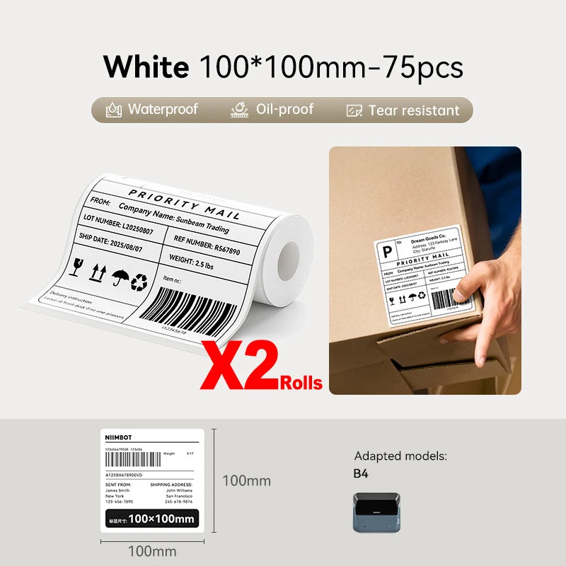 Niimbot B4 Labels 100x150mm Self-Adhesive Shipping Stickers 4-Inch Thermal Label Roll Nixie 2Rolls 100x100mm