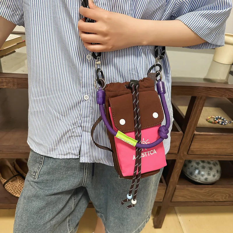 Color-Block Nylon Drawstring Crossbody Bag | Water Bottle Pocket