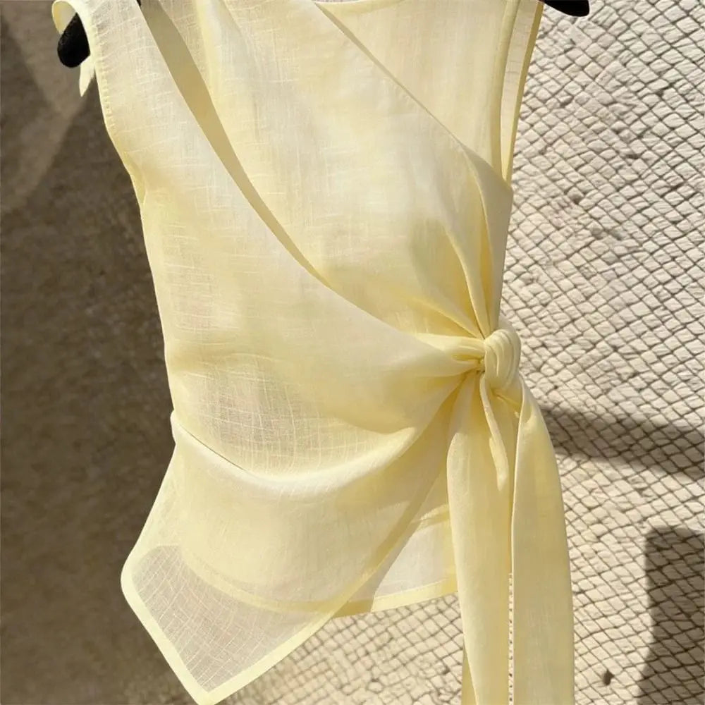 Women's Sleeveless Tulle Tie-Front Top | Elegant Chinese Style
