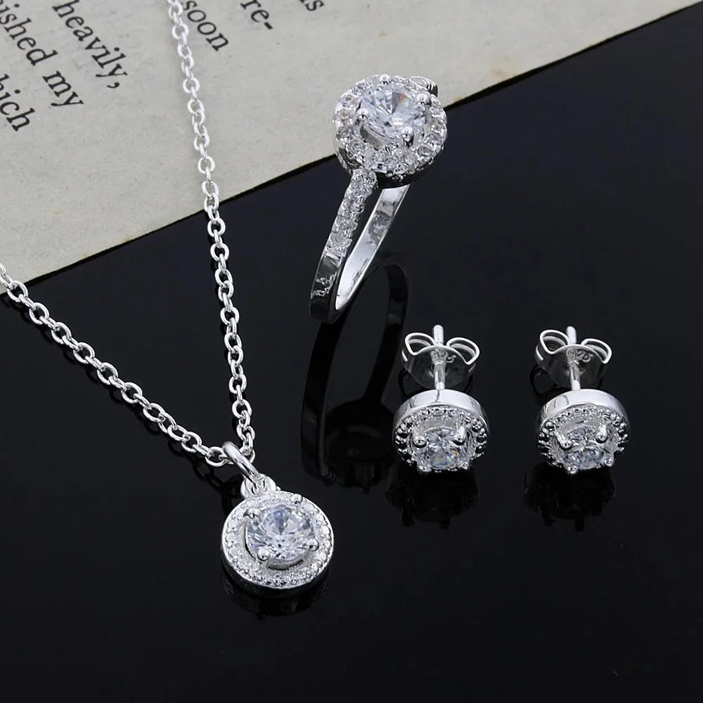 Zircon Crystal Silver Necklace Ring & Earrings 3-Piece Set