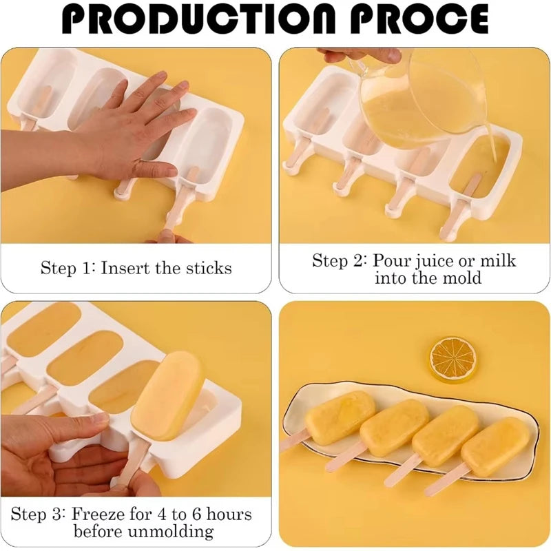 4-Pack Large Silicone Popsicle Molds with Wooden Sticks